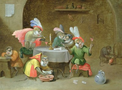 A Tavern Interior with Monkeys Drinking and Smoking by Ferdinand van Kessel